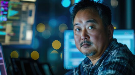 The picture of the software developer or programmer working with the computer and data inside the dark room with monitor, the developer require skills like problem solving and program language. AIG43.
