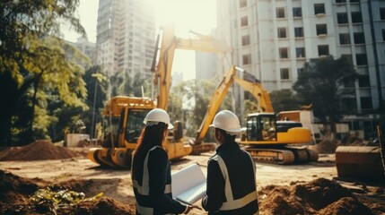 Diverse construction team discussing real estate project at sunny site with excavators