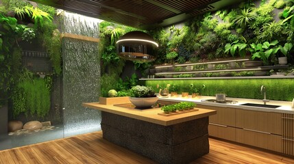 Wall Mural - A biophilic design kitchen with natural, living walls, sustainable bamboo flooring, and a central, waterfall island incorporating live.