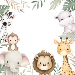 Watercolor Illustration Safari Animals and Tropical Leaves Border