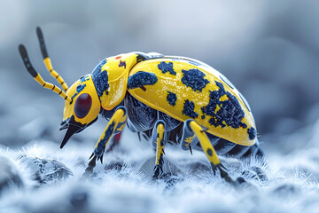 Wall Mural - Detailed Macro Shot of Vibrant Spotted Insect on Textured Surface in Cinematic Photographic Style