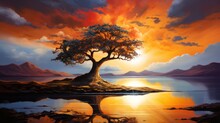Painting Of A Tree On A Shore With The Sun Setting 