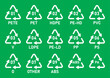 All plastic recycling code icon set. Plastic recycling code symbol icons isolated on green background. Plastic recycling codes- 01 PET, 02 HDPE, 03 PVC, 04 LDPE, 05 PP, 06 PS, 07 OTHER, 09 ABS, PA.