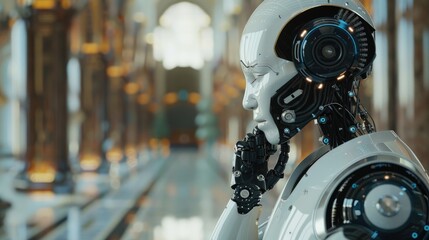 Poster - Futuristic female robot in a modern corridor