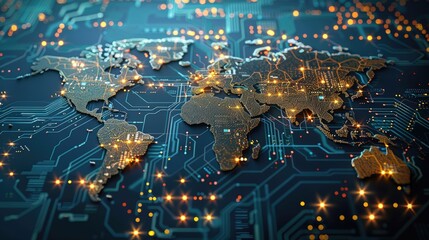 Leinwandbilder - 3D circuit board with digital world map
