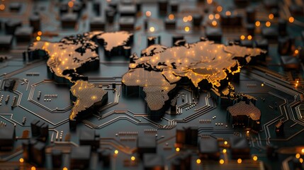 Poster - 3D circuit board with digital world map