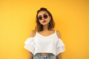 Wall Mural - stylish woman in white crop top and sunglasses