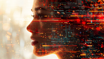 Double exposure abstract portrait of a woman digital transformation concept