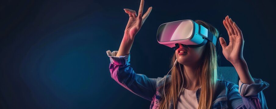 Woman using virtual reality glasses or VR glasses on dark background
