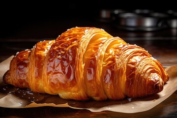 Wall Mural - Freshly baked golden croissant on wooden surface