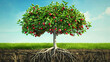 A tree with roots underground, growing apple trees in the ground.
