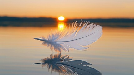 A feather of vibrant magenta floating gracefully amidst wisps of golden clouds illuminated by the last rays of sunlight, creating a stunning display of color against the evening sky.