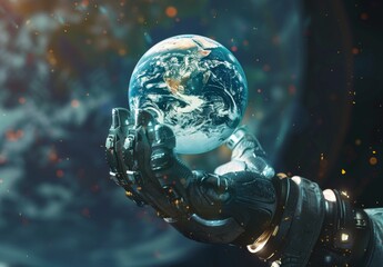 Wall Mural - Astronaut holds Earth in 3D sci-fi art. Elements included