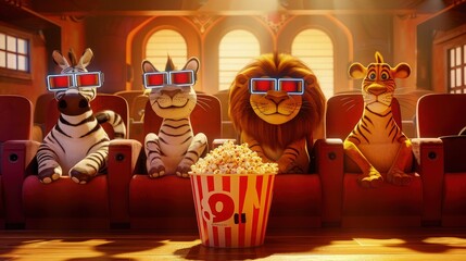 Wall Mural - group of three animals wearing colorful glasses and sitting in cinema for watching movie  with popcorns  and sun light in cinema 