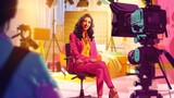 Fototapeta Most - Young Middle Eastern Female Host Smiling on Vibrant Film Set in Pink Blazer and Yellow Top
