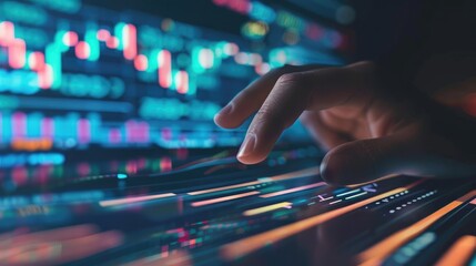 Wall Mural - Finger indicating buy and sell signals on trading graph shown on computer display, navigating market volatility for profitable trades.