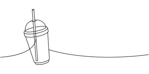 Wall Mural - Plastic glass coffee cup one line continuous drawing. Hand drawn elements for cafe menu, coffee shop. Vector linear illustration.