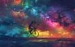 © Harjo - man riding a bicycle with colorful energy, digital art style, illustration painting with stars in front of the Milky Way galaxy