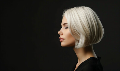 Sticker - Beautiful blonde woman with white hair in bob style, isolated on black background