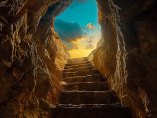 Canvas Print - photo of stairs leading up to the sky in an underground cave