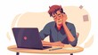 Emotions on face concept. Tired, sad male employee with burnout from work. Depression. Entrepreneur with mental problems. Young man sitting at table with laptop. Cartoon flat vector illustration 
