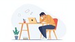 Emotions on face concept. Tired, sad male employee with burnout from work. Depression. Entrepreneur with mental problems. Young man sitting at table with laptop. Cartoon flat vector illustration 