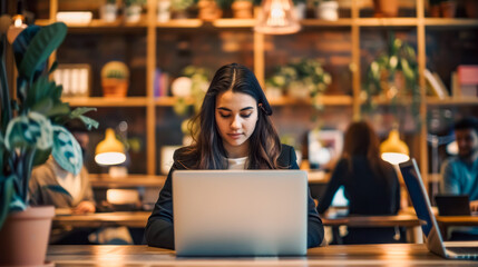 A young woman in professional attire is working on her laptop at an office desk, surrounded by other employees also using their laptops