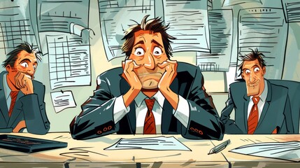 illustration of a businessman looking stressed with two clones of himself also looking stressed.