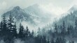 A mountain range with a foggy, misty atmosphere