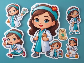 cartoon character stickers set of doctors, cute girls in uniforms, separate backgrounds.