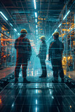 Fototapeta  - Futuristic technology concept: Team of engineers and professional Workers in heavy industry manufacturing factory that is digitalized with graphics into digital twin of industry