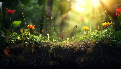 Wall Mural - a beautiful flower garden with soil and roots under the ground