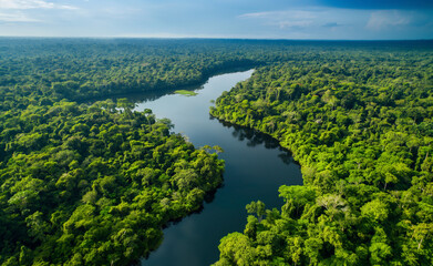 Aerial view of Amazon rainforest in Brazil, South America. Green forest. Bird's-eye view