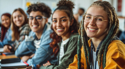 A group of students sitting in a classroom during a lesson or lecture. Education at school or university. Process of learning and education. Smiling teenagers in class