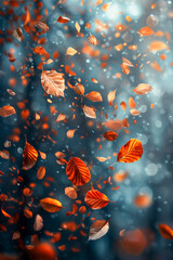 Wall Mural - A  of falling leaves with a blue background