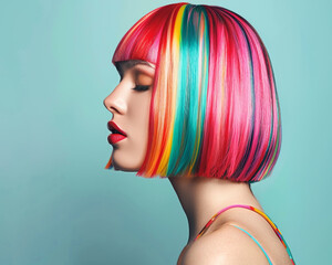 Sticker - Beautiful woman with colorful hair, bob hairstyle,