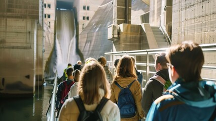 Poster - Close-up of an eco-tour group exploring a hydroelectric power plant, showcasing educational tours that explain how hydro power works.