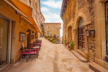 San Marino city view. Fortress on the rock. San Marino landmark. Italy. Narrow street in the old town in Italy