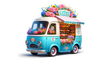 Cheerful Floral Delivery Truck: Vibrant Blue Design, Whimsical Flower Van: Colorful Blooms Illustration, Cartoon Flower Van: Cheerful Design