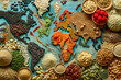 Colorful World Map Made of Assorted Natural Grains and Seeds on Wooden Background