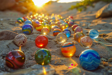 A beach scene with many marbles scattered across the sand