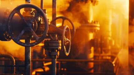 Wall Mural - Intense close-up of steam valves releasing pressure in a refinery, illustrating the energy-intensive process of oil refining. 