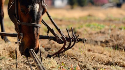 Canvas Print - Close-up shot of a horse-drawn plow, showing historical agricultural tools powered by animal energy. 