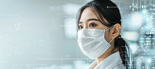 Female Korean doctor on white technology background. Healthcare medical profession. Generative AI technology.	
