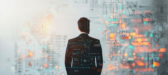 Poster - Back view businessman double exposure with economy data. Generative AI technology.	
