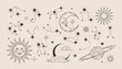 Astrology set. Moon, sun and star. Occult vintage isolated line elements. Cloud and crescent. Esoteric pattern for tarot, tattoo design. Alchemy antique illustration, magic outline icons. Vector print
