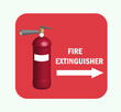 Realistic style fire extinguisher sign placed into a red rectangle with an arrow and text Fire extinguisher. Vector illustration isolated on white.