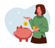 Money saving. Economy wealth. Woman putting cash in piggy bank. Financial deposit. Finance investment. Gold coins in moneybox. Dollars income investing. Currency revenue. Earnings fund. Vector concept