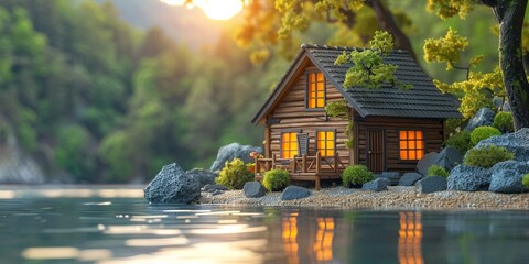 Wall Mural - A serene lake reflects a miniature wooden house, nestled in a tranquil forest landscape.