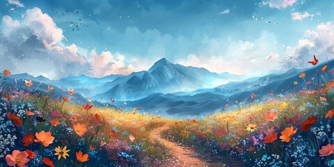 Wall Mural - A majestic valley meadow with blooming flowers, winding footpaths, and stunning mountain vistas.